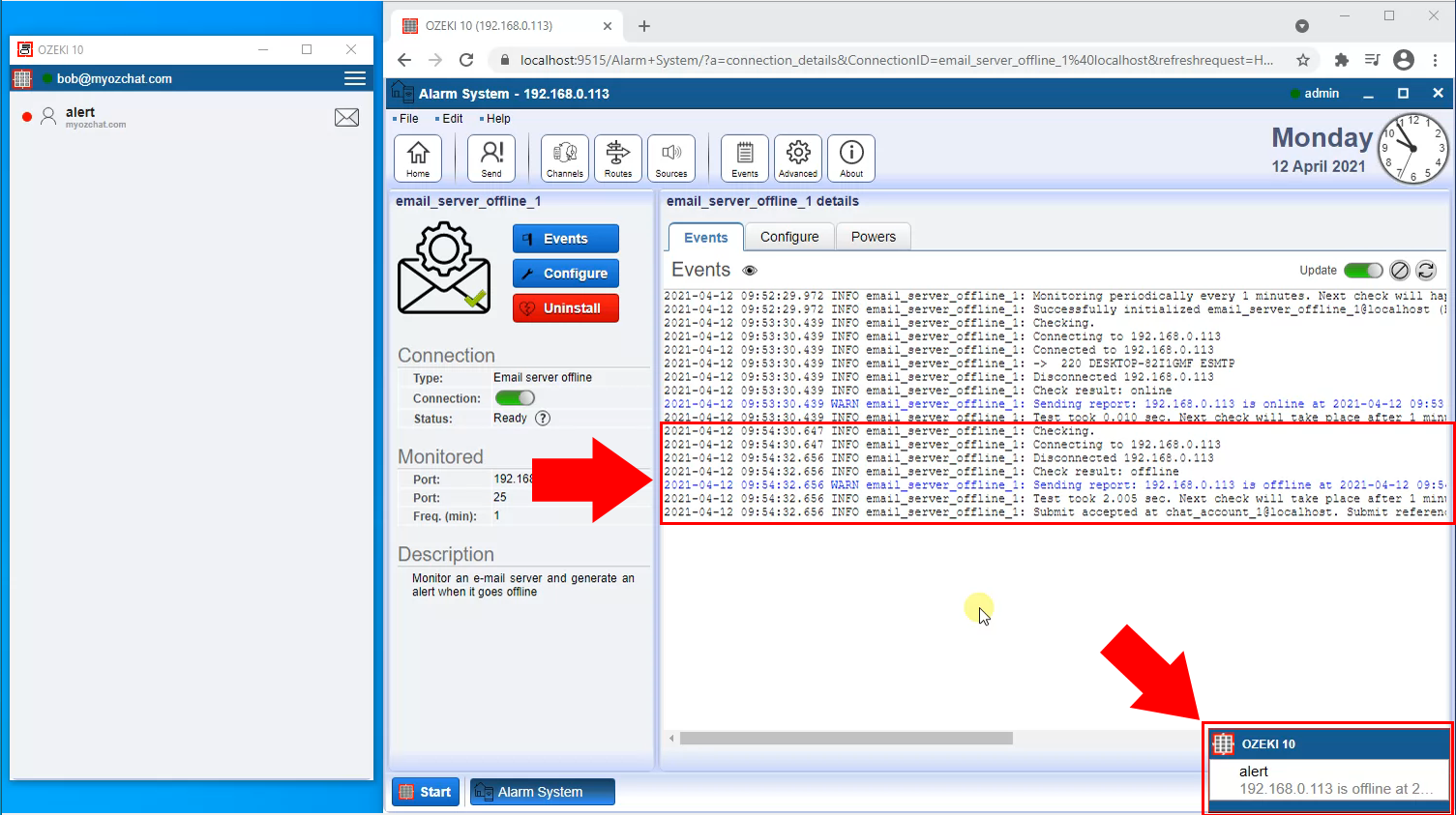 email server down alert sent