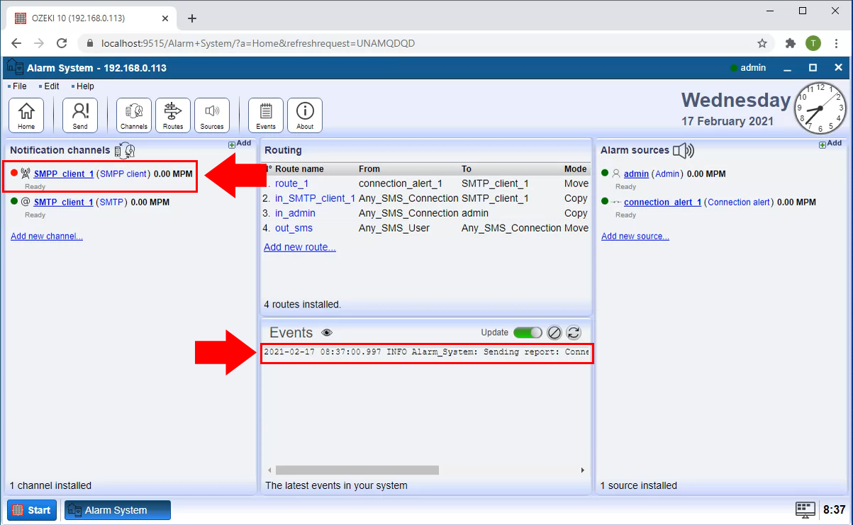 alert sent when the smpp connection is offline